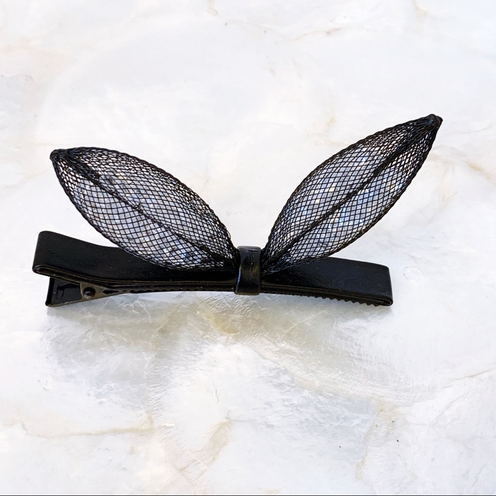 Black Faux Leather Crystal Bunny Hair Clip